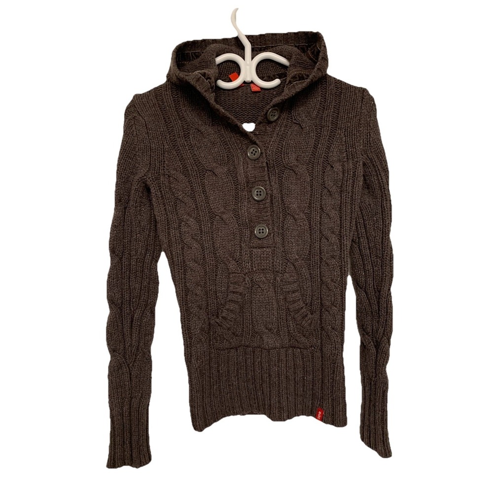 Y2K edc Esprit Brown Cable Knit Sweater With Hood Buttons Angora Blend Preppy